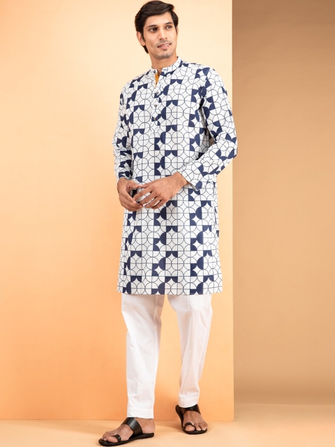 

INDIYUNG Men Blue Printed Thread Work Pathani Kurta