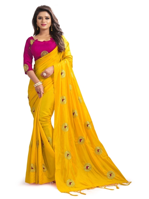 

Kuvarba Fashion Women Yellow & Magenta Floral Embroidered Silk Blend Saree