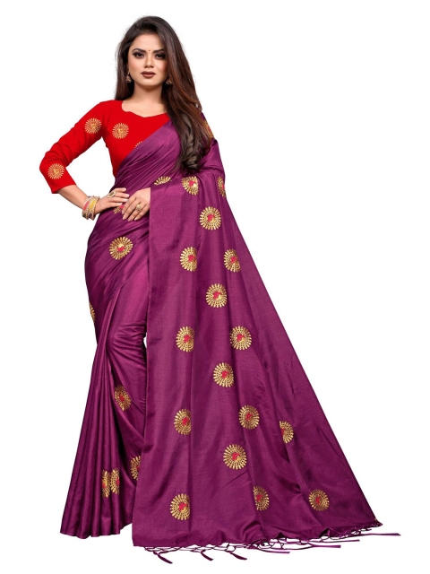 

Kuvarba Fashion Women Purple & Gold-Toned Ethnic Motifs Embroidered Silk Blend Saree