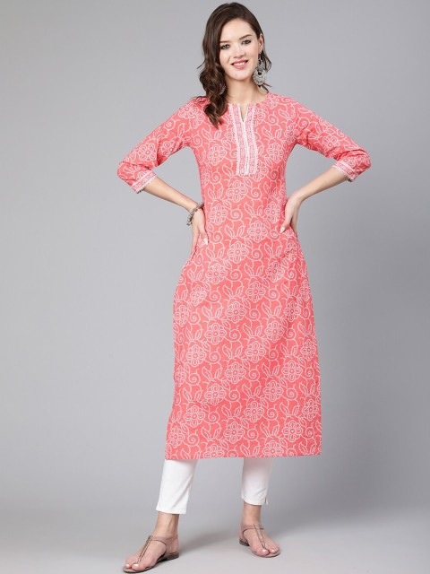 

Nayo Women Pink & light coral Ethnic Motifs Striped Thread Work Kurta