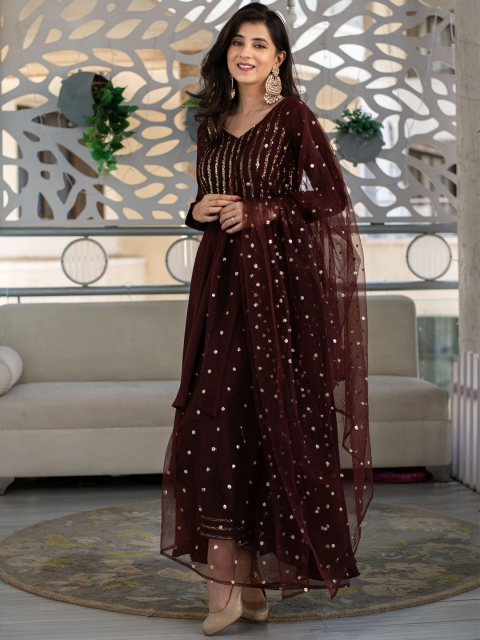 

Fashion Basket Brown & Gold-Toned Embroidered Semi-Stitched Dress Material