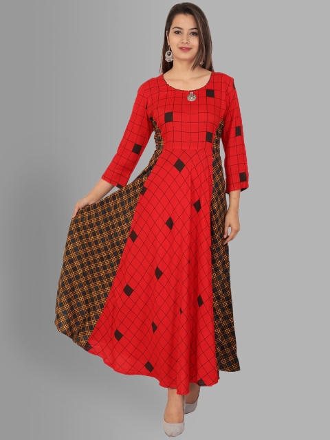 

NITVAN Women Red & Black Checked Anarkali Kurta