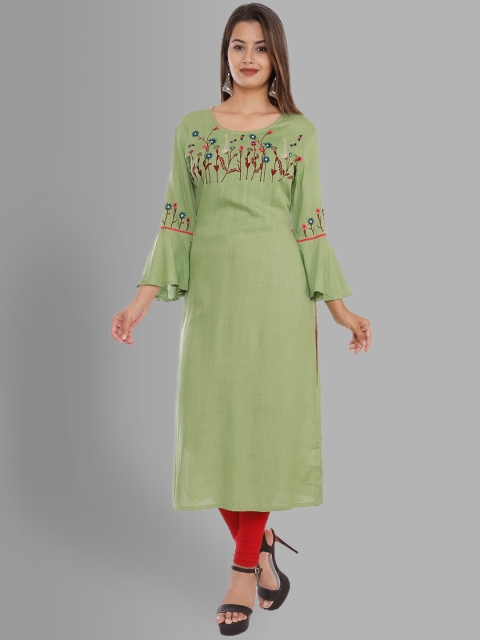 

NITVAN Women Sea Green Quirky Yoke Design Flared Sleeves Thread Work Kurta