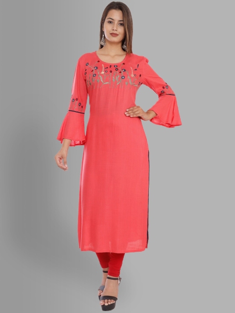 

NITVAN Women Peach-Coloured Floral Embroidered Flared Sleeves Thread Work Kurta