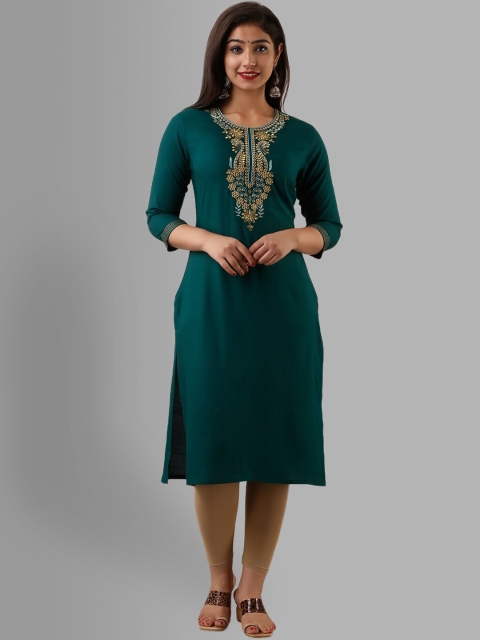 

NITVAN Women Green Geometric Yoke Design Thread Work Kurta