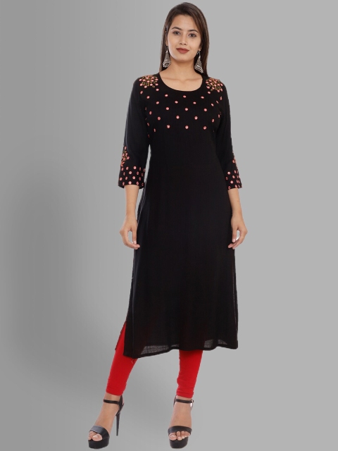 

NITVAN Women Black & rich black Geometric Yoke Design Thread Work Kurta