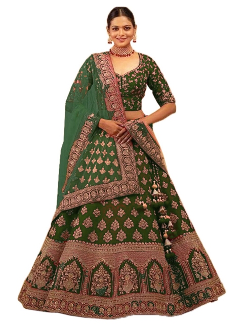 

Xenilla Green & Gold-Toned Embroidered Semi-Stitched Lehenga & Blouse With Dupatta