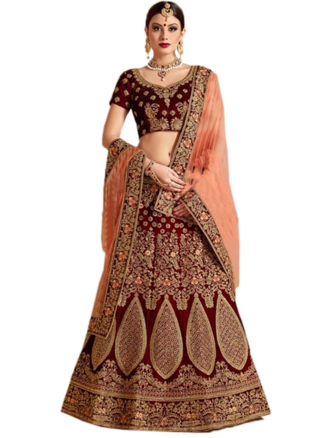 

Xenilla Maroon & Gold-Toned Embroidered Semi-Stitched Lehenga & Blouse With Dupatta