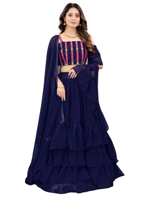 

Xenilla Blue Embroidered Semi-Stitched Lehenga & Blouse With Dupatta