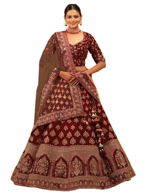 

Xenilla Maroon & Gold-Toned Embroidered Semi-Stitched Lehenga & Blouse With Dupatta