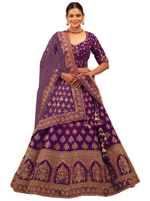 

Xenilla Purple & Gold-Toned Embroidered Semi-Stitched Lehenga & Blouse With Dupatta