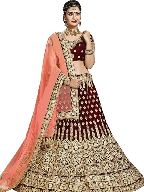 

Xenilla Maroon & Gold-Toned Embroidered Semi-Stitched Lehenga & Blouse With Dupatta