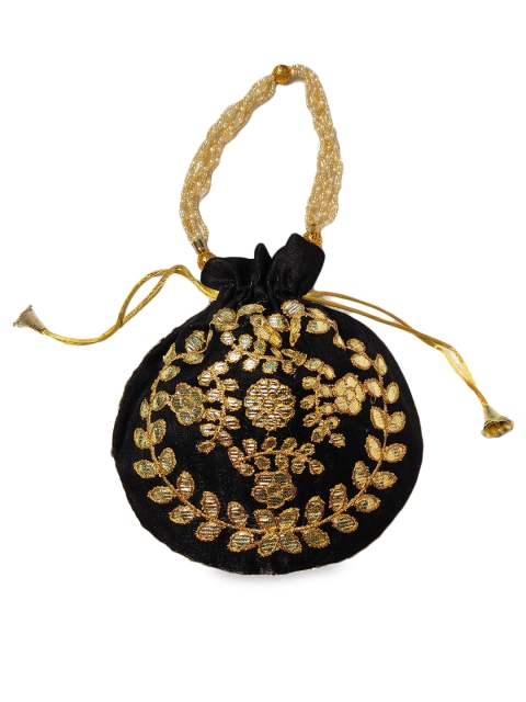 

CRAYTON Women Black Round Potli with Golden Leaves Embroidery