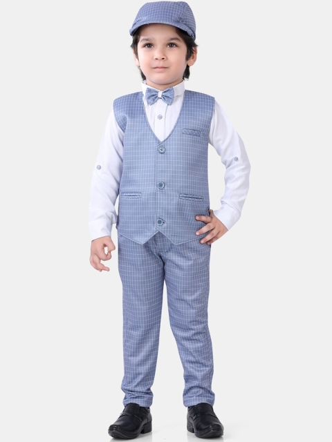 

ROBO FRY Boys Grey Cotton Blend Checked 5 Piece Party Suit with Cap