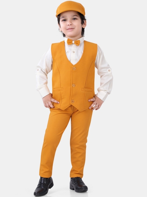 

ROBO FRY Boys Mustard Solid Single Breasted Cotton Blend 5 Piece Party Suits
