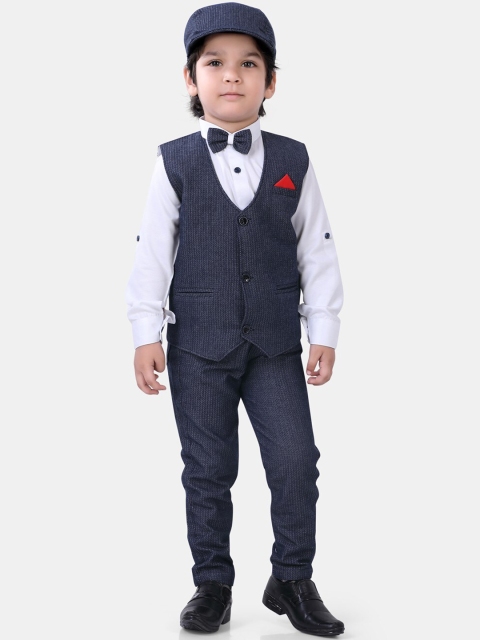 

ROBO FRY Boys Blue Striped Cotton Blend 5-Piece Single-Breasted Partywear Suit