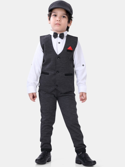 

ROBO FRY Boys Black Cotton Blend Self Design 5 Piece Party Suit Set with Cap