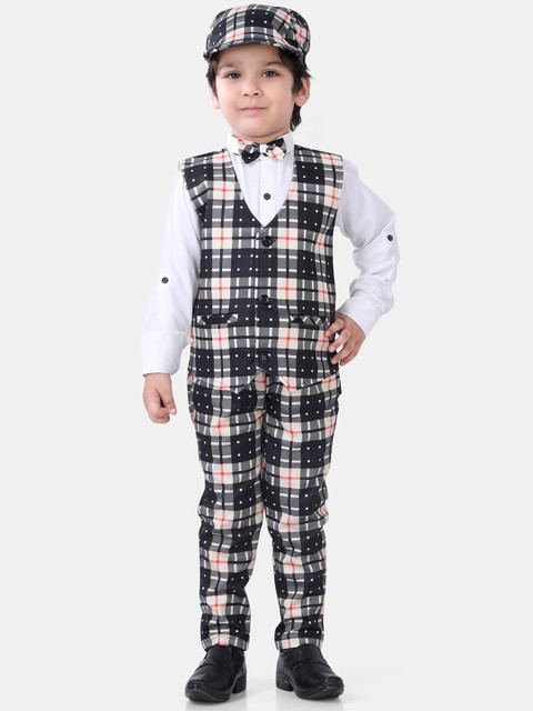 

ROBO FRY Boys Black & Pink Cotton Blend Checked 5 Piece Party Suit Set with Cap