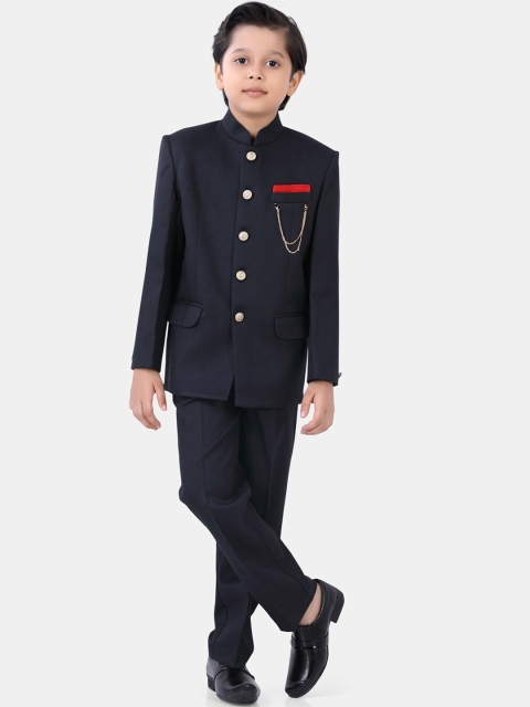 

ROBO FRY Boys Navy Blue Solid Polyester Single-Breasted Two-Piece Party Suit