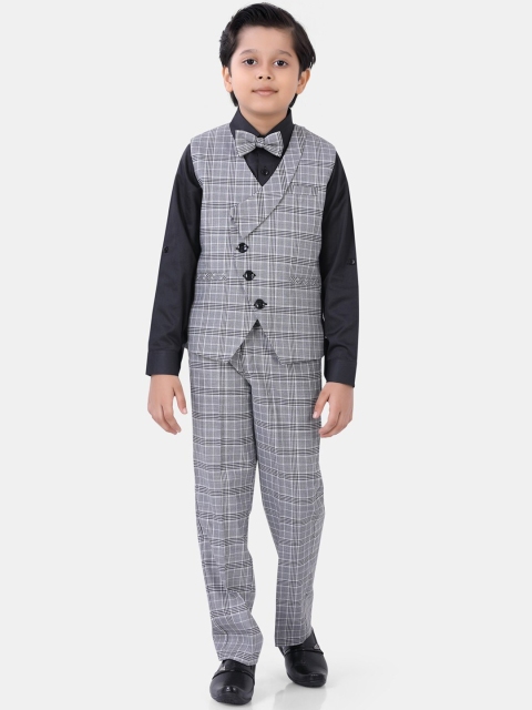

ROBO FRY Boys White & Black Cotton Blend Checked 4 Piece Party Suit Set