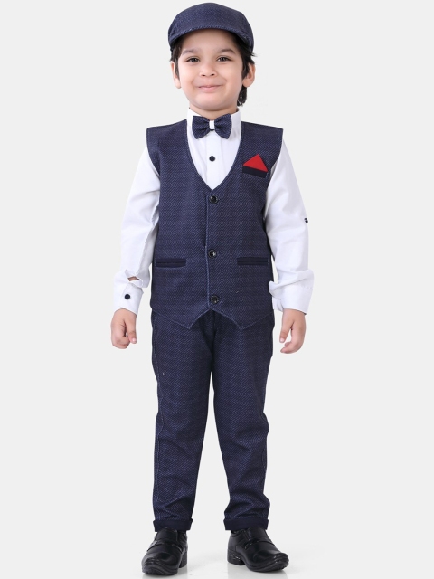 

ROBO FRY Boys 5 Piece Blue Self Design Cotton Blend Party Wear Suits With Cap