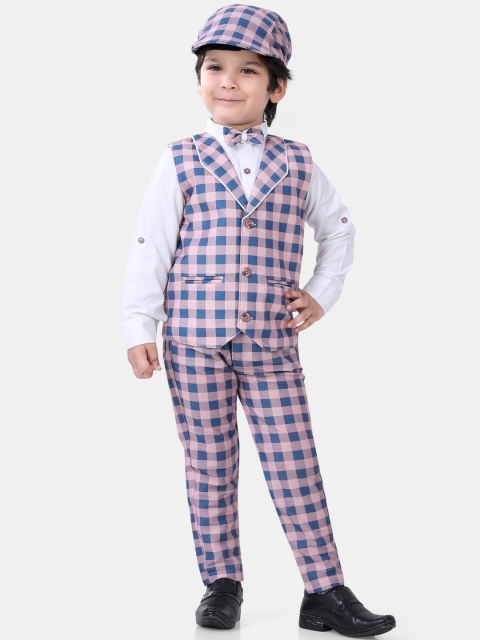 

ROBO FRY Boys Pink & Blue Cotton Blend Checked 5-Piece Suits