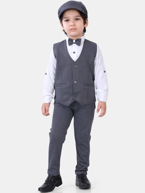 

ROBO FRY Boys Grey Cotton Blend Solid 5 Piece Party Suit Set with Cap