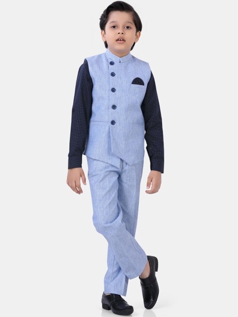 

ROBO FRY Boys Blue Self Design 3-Piece Cotton Blend Single-Breasted Partywear Suit