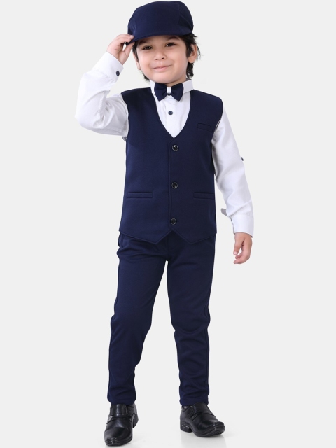 

ROBO FRY Boys Navy Blue Cotton Blend Solid 5 Piece Party Suit Set with Cap