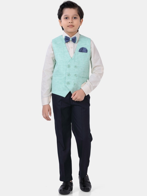 

ROBO FRY Boys Sea Green & White Linen Solid 4 Piece Party Suit Set