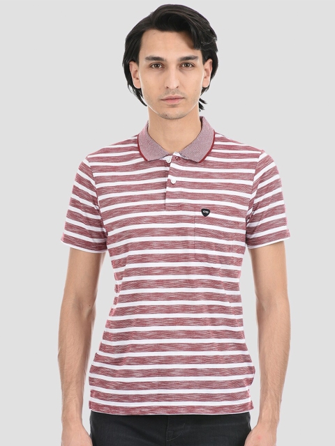 

Cloak & Decker by Monte Carlo Men Maroon & White Striped Polo Collar Cotton T-shirt