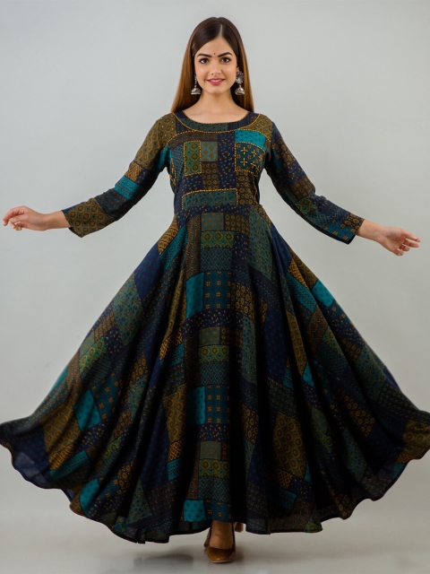 

Lee Moda Women Blue & Mustard Yellow Ethnic Motifs Printed Indie Prints Anarkali Kurta