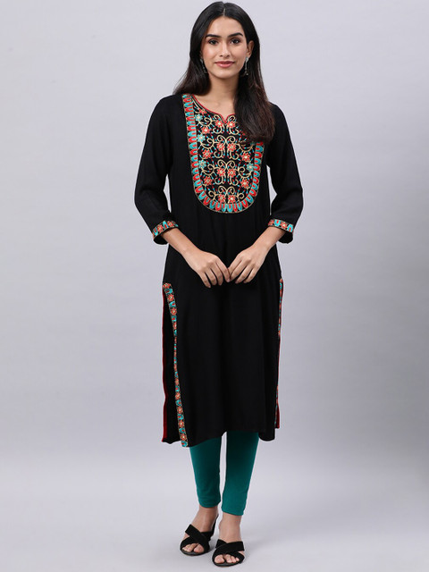 

Souchii Women Black Ethnic Motifs Yoke Design Thread Work Kurta