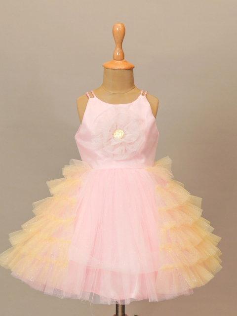 

Mumkins Girls Yellow & pink diamond Net Fit & Flare Dress