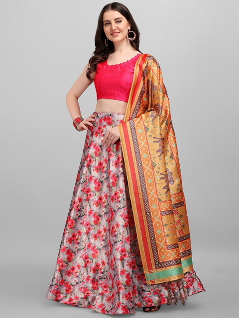 

Ethnic Yard Grey & Yellow Semi-Stitched Lehenga & Unstitched Blouse With Dupatta