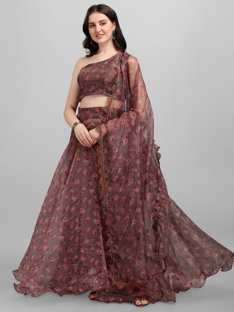 

Ethnic Yard Brown & Red Printed Semi-Stitched Lehenga & Unstitched Blouse With Dupatta