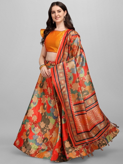 

Ethnic Yard Red & Green Semi-Stitched Lehenga & Unstitched Blouse With Dupatta