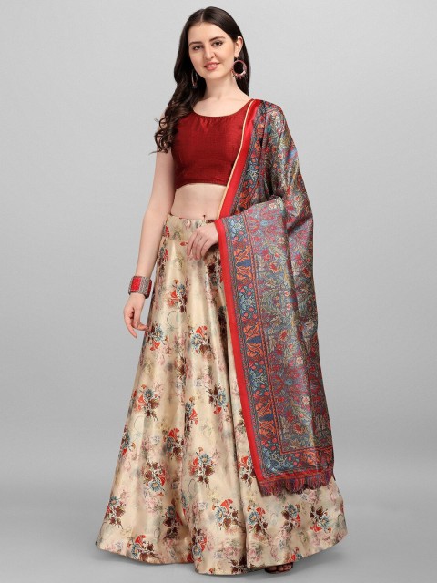 

Ethnic Yard Beige & Red Semi-Stitched Lehenga & Unstitched Blouse With Dupatta