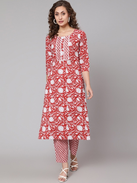 

antaran Women Maroon Ethnic Motifs Printed Pure Cotton Kurta Set