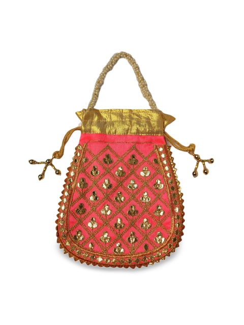 

CRAYTON Pink & Gold-Toned Embroidered Potli Clutch