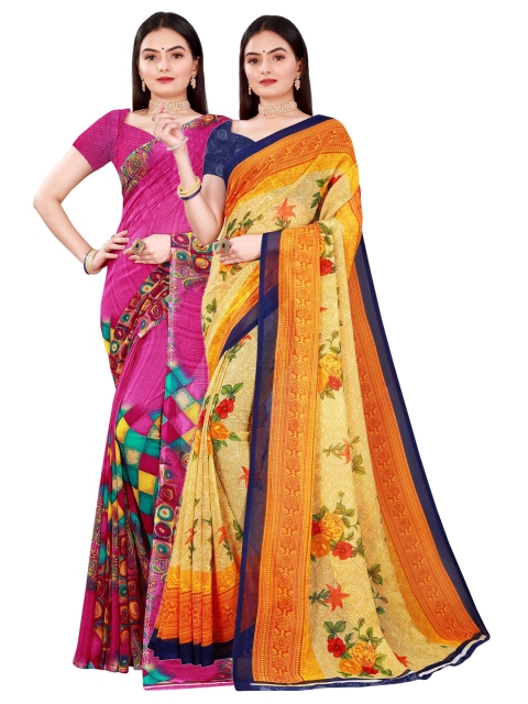 

Florence Pack Of 2 Pink & Orange Floral Pure Georgette Saree