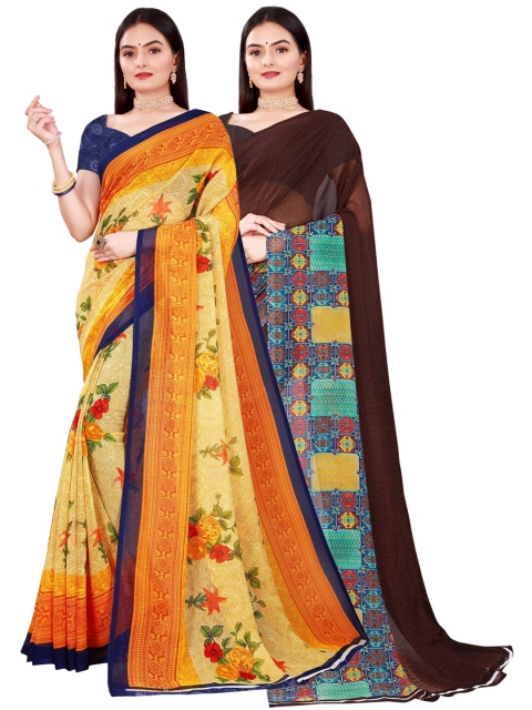 

Florence Pack Of 2 Orange & Brown Floral Pure Georgette Saree