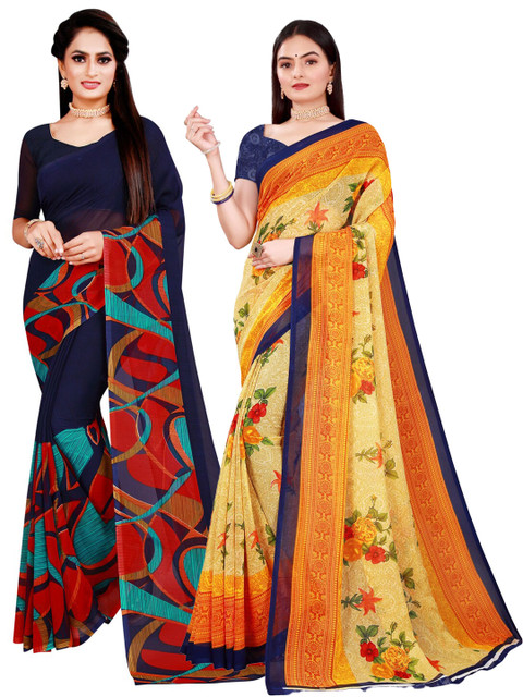 

KALINI Beige & Navy Blue Pure Georgette Saree