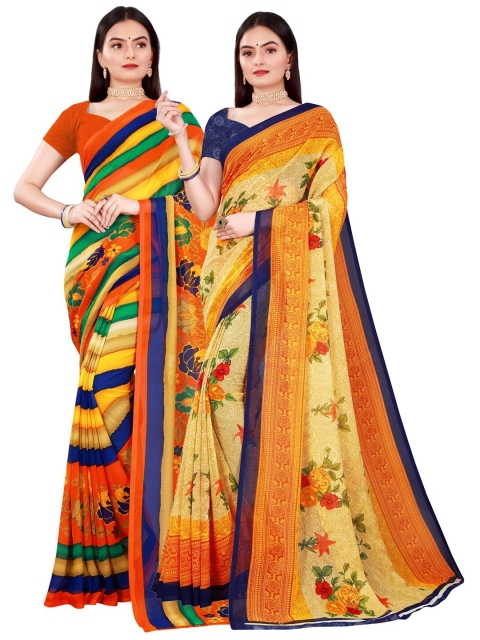 

KALINI Pack Of 2 Navy Blue & Red Floral Pure Georgette Saree