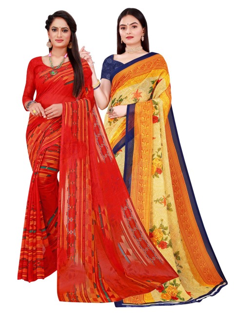 

KALINI Beige & Red Pure Georgette Saree