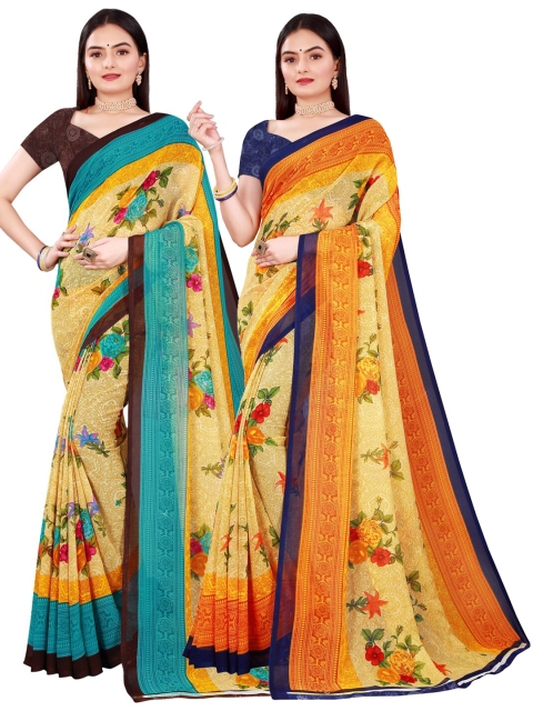 

KALINI Pack Of 2 Beige & Blue Floral Pure Georgette Saree