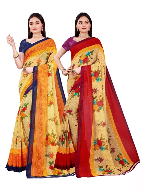 

KALINI Pack Of 2 Beige & Yellow Floral Pure Georgette Saree