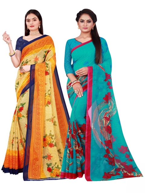 

KALINI Beige & Blue Pure Georgette Saree