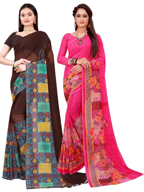 

SAADHVI Pink & Brown Pure Georgette Saree