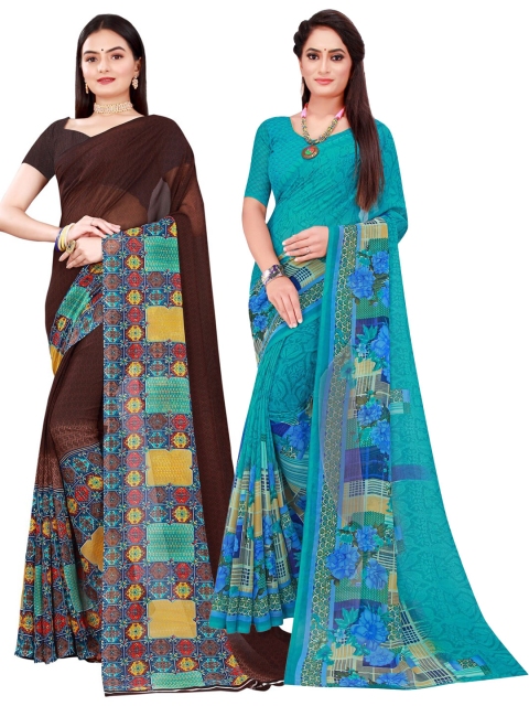 

SAADHVI Brown & Turquoise Blue Pure Georgette Saree